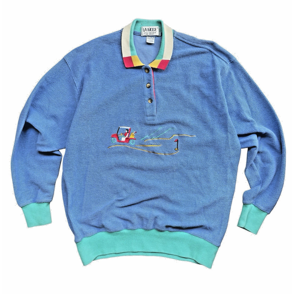 Vintage LA Mode Golf Sweatshirt Polo USA Large 90s Embroidered Colorblock